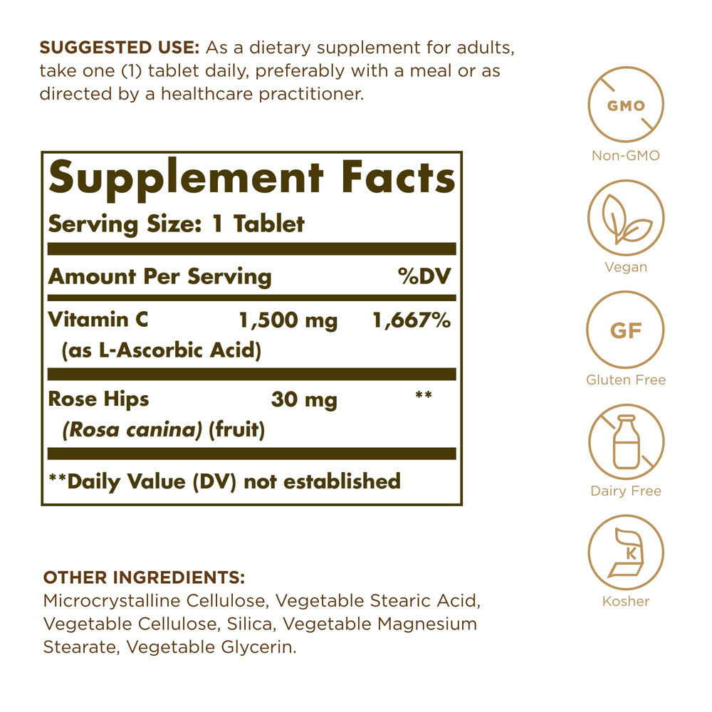 Close-up of Solgar Vitamin C 1500 mg with Rose Hips tablets