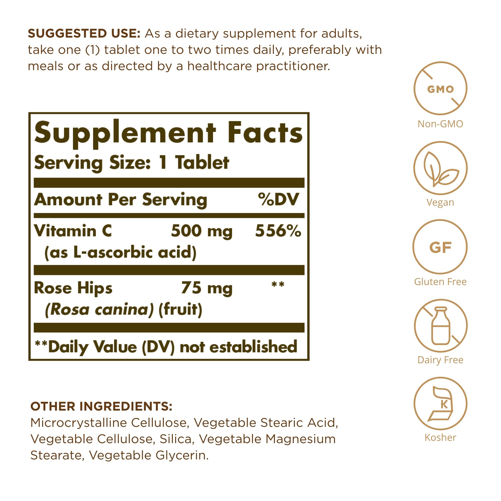 Close-up of Solgar Vitamin C 500 mg with Rose Hips tablets