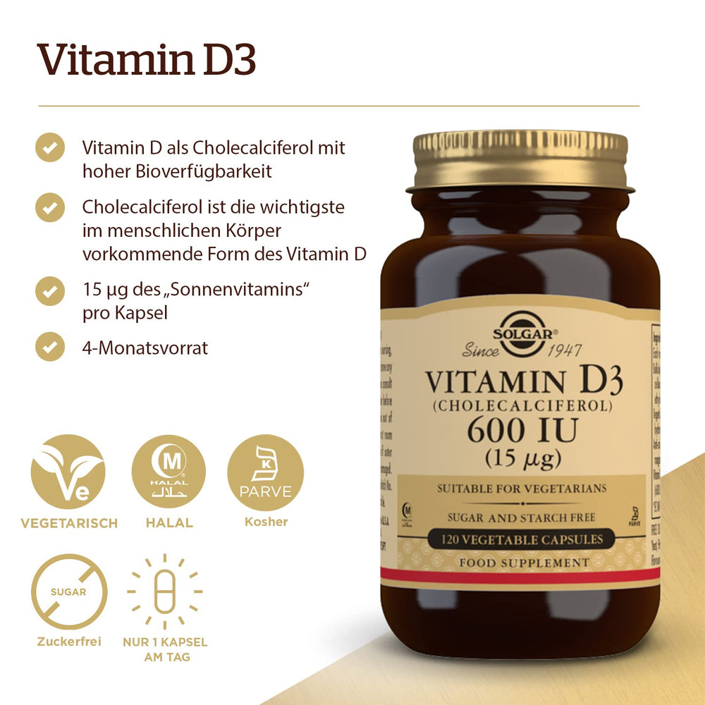 Close-up of Solgar Vitamin D3 label showing 600 IU