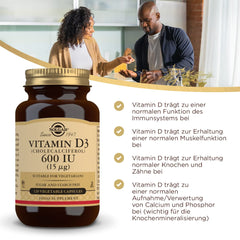 Two Solgar Vitamin D3 capsules outside the bottle for display