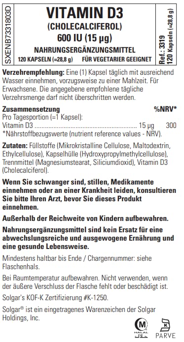 Solgar Vitamin D3 120-vegetable-capsules packaging on a clean surface