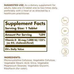 Solgar Vitamin D3 90 tablets bottle - back label