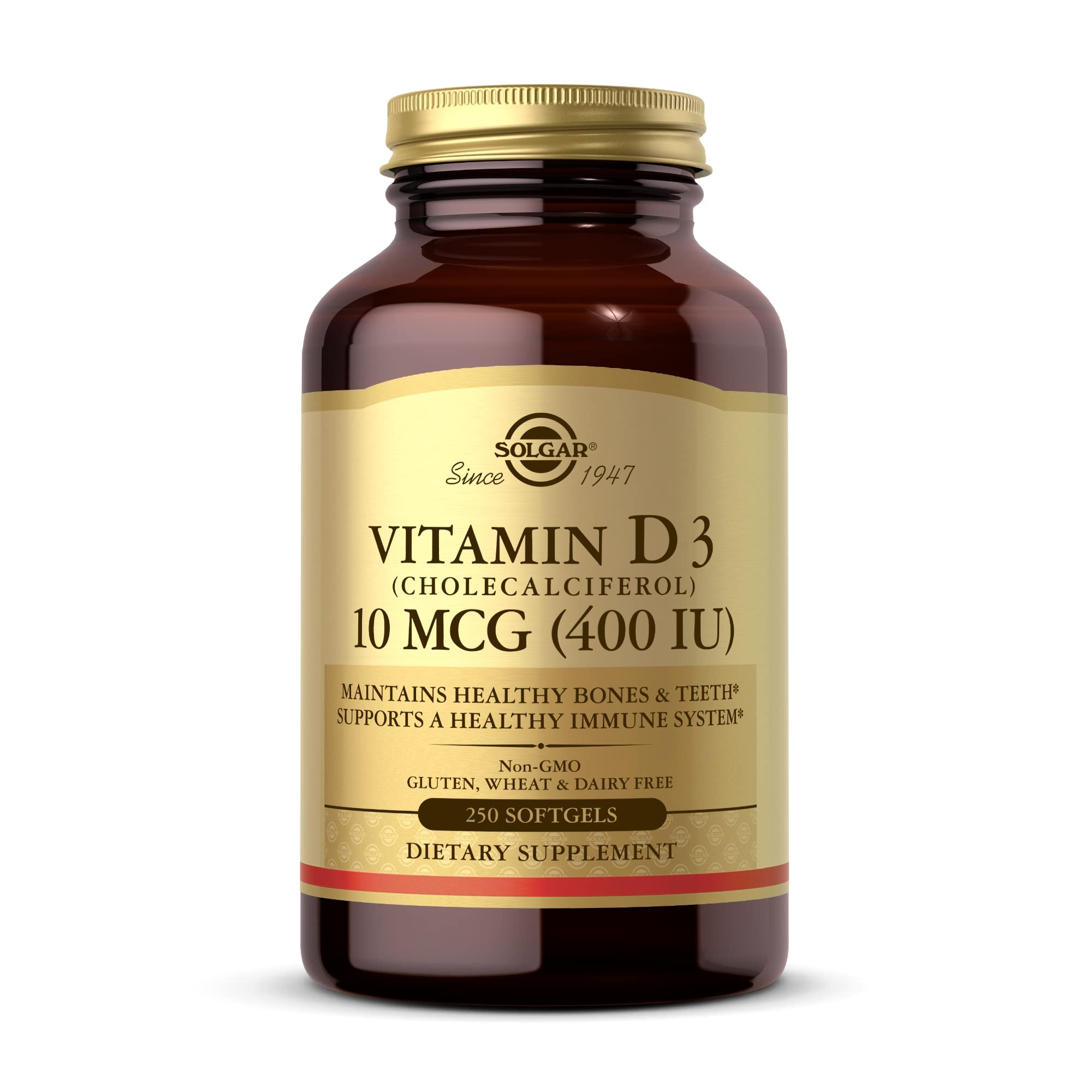 Solgar Vitamin D3 softgels bottle closeup highlighting bone health support.