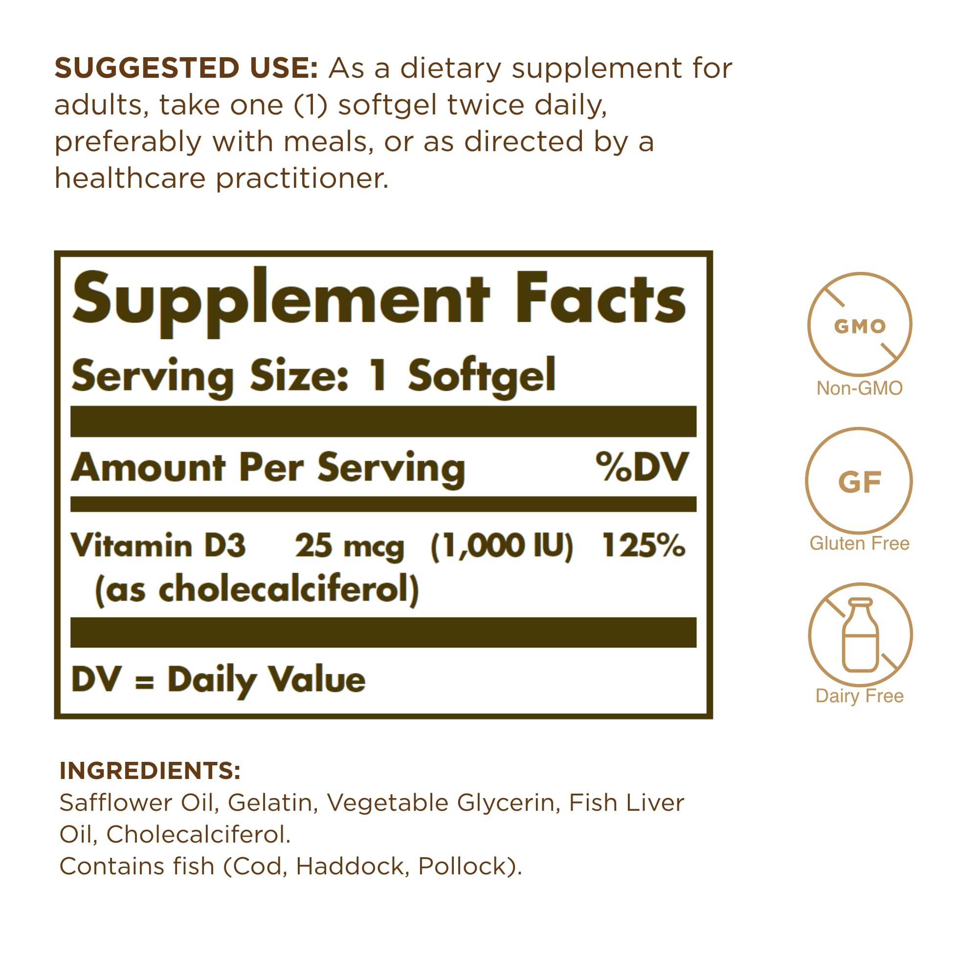 Close-up of Solgar Vitamin D3 softgels package label