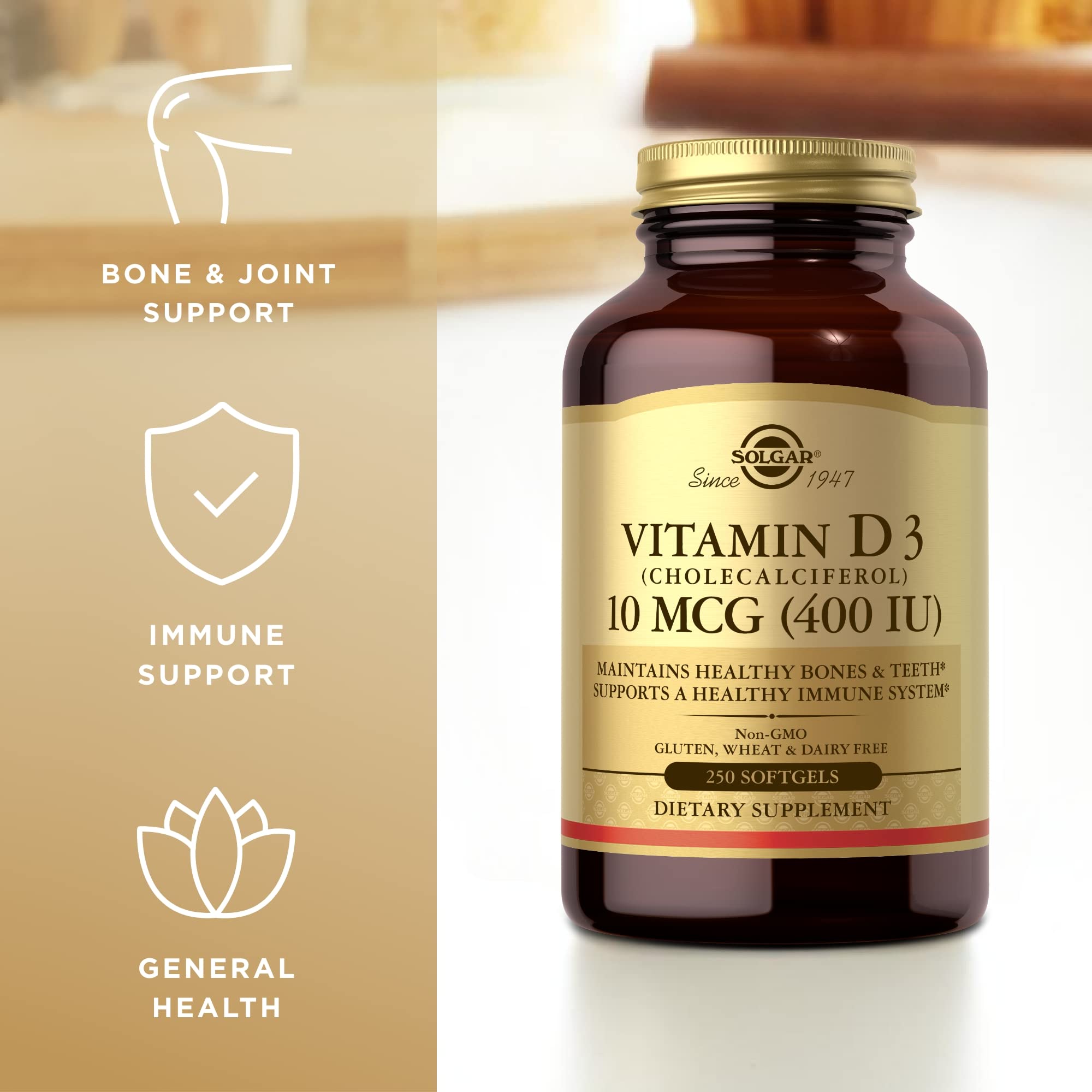 Solgar Vitamin D3 softgels packaging shows non-GMO, gluten-free, dairy-free status.
