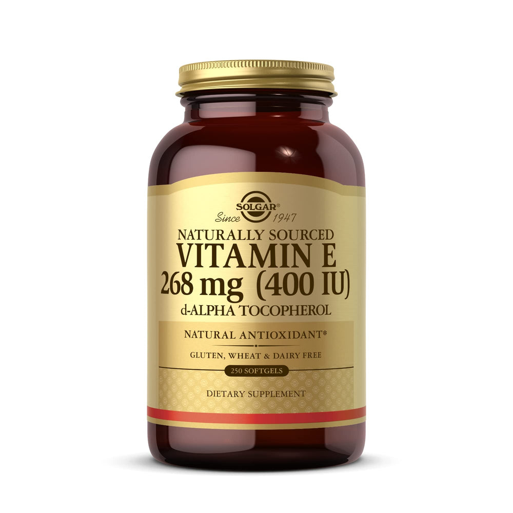 Solgar Vitamin E 268 mg bottle front shows gluten-free assurance for shoppers.