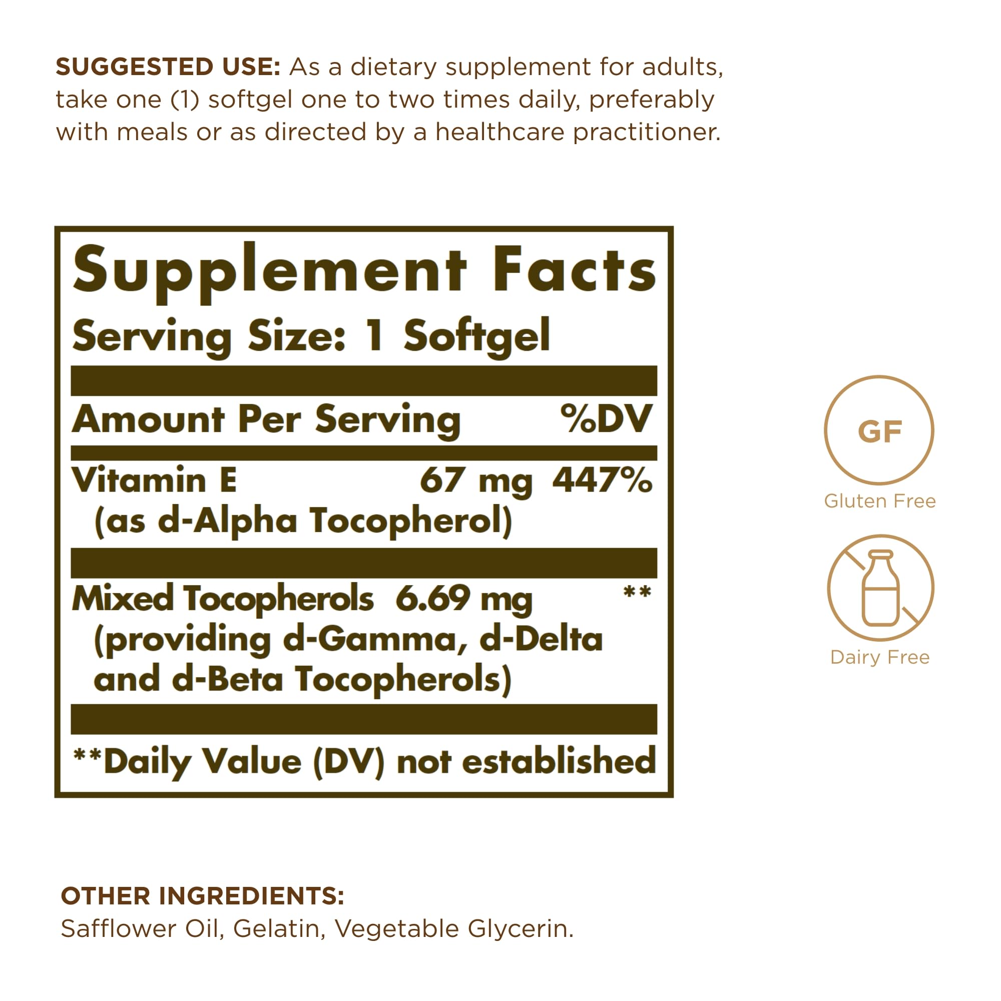 Close-up of Solgar Vitamin E softgels in bottle