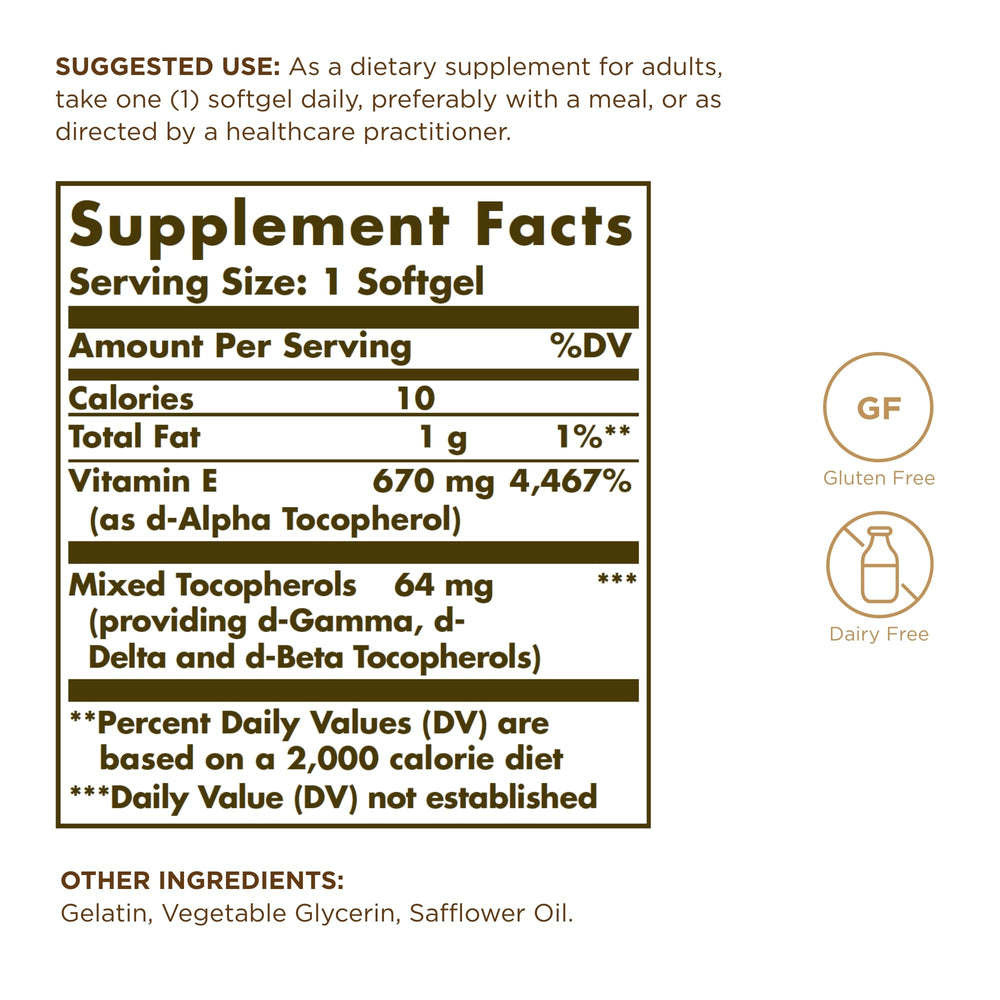 Solgar Vitamin E bottle close-up showing softgels