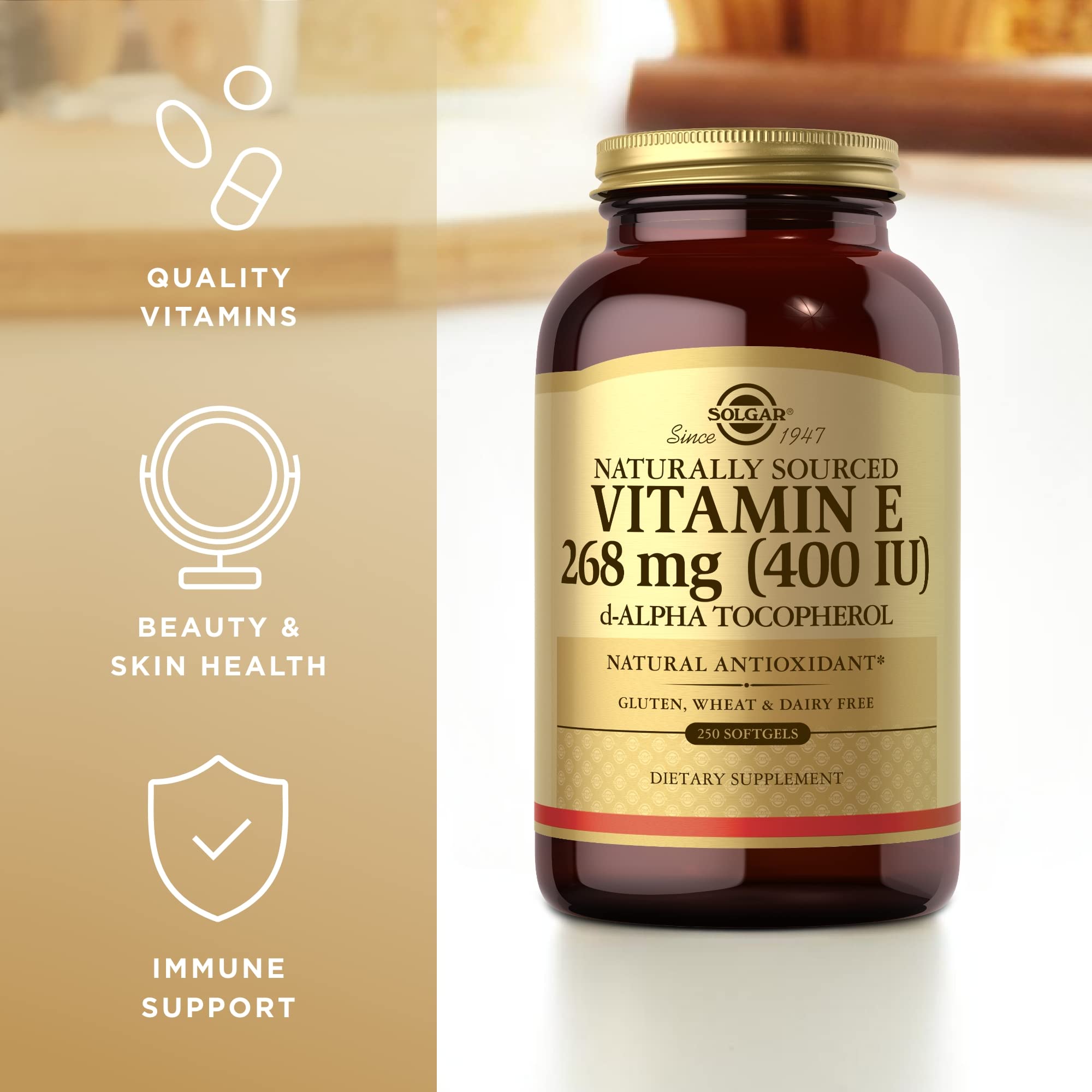 Solgar Vitamin E packaging displays gluten-free and dairy-free labeling.