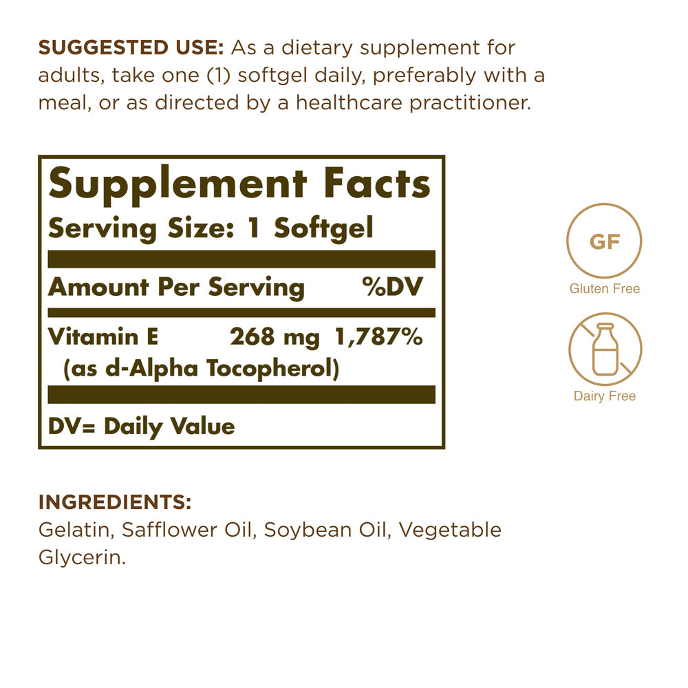 Solgar Vitamin E softgels with d-Alpha Tocopherol close-up highlights oil-based formula for absorption.