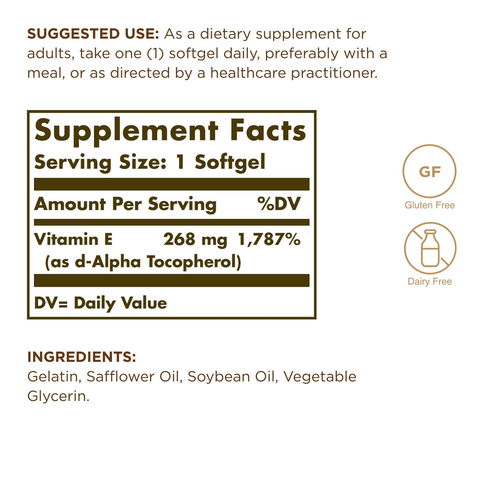 Solgar Vitamin E softgels with d-Alpha Tocopherol close-up highlights oil-based formula for absorption.