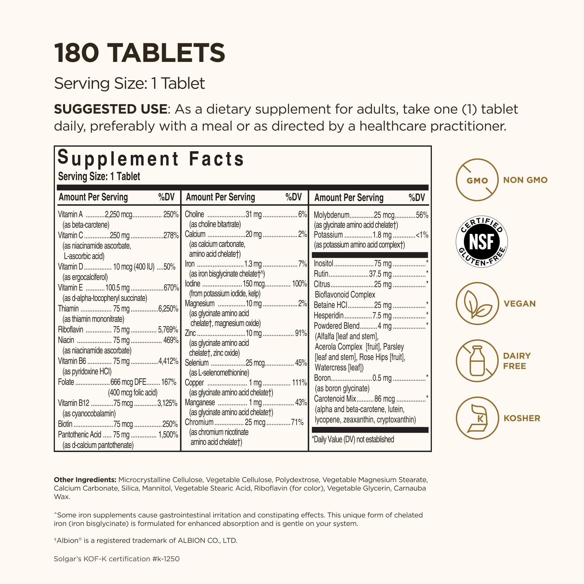 Solgar VM-75 bottle back label with nutrition facts