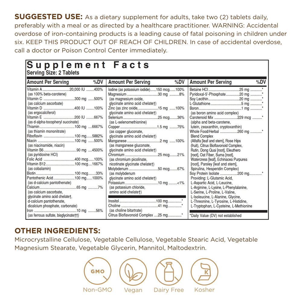 Solgar Formula VM-2000 label close-up showing nutritional information