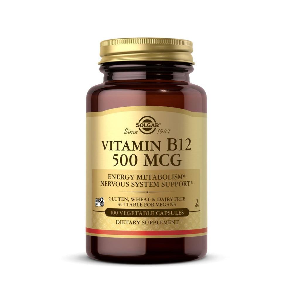 Front view of Solgar Vitamin B12 500 mcg 100 vegan capsules