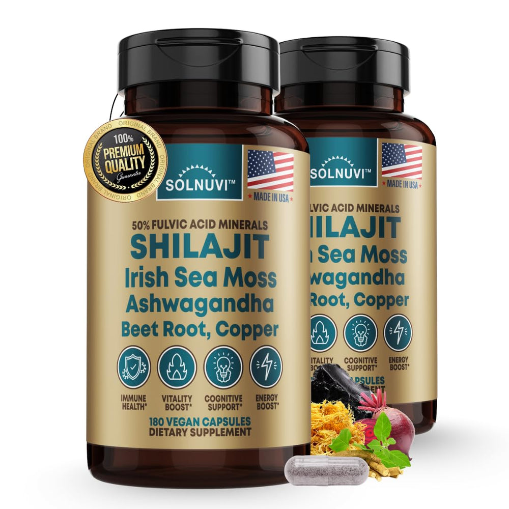 Front view of SOLNUVI Shilajit capsules bottle