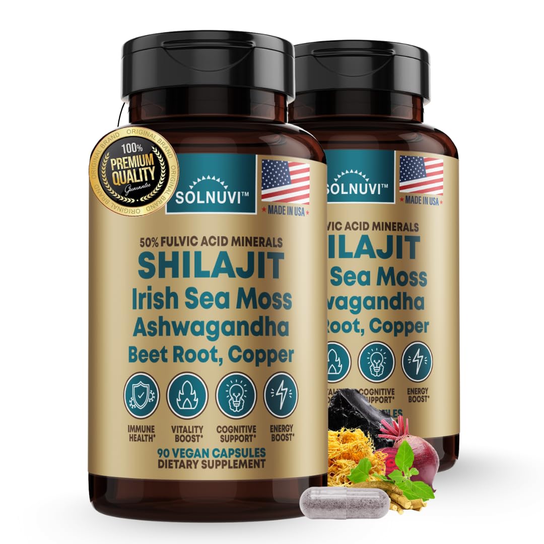 SOLNUVI Shilajit Capsules hero image showing bottle with sea moss and herbs