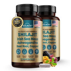 SOLNUVI Shilajit Capsules hero image showing bottle with sea moss and herbs