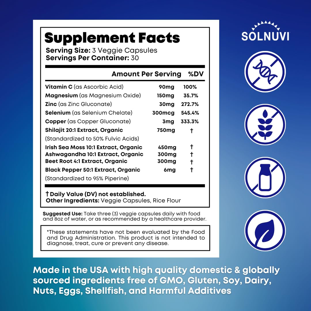 Solnuvi Shilajit ingredients: Shilajit, Irish Sea Moss, Ashwagandha, Beet Root