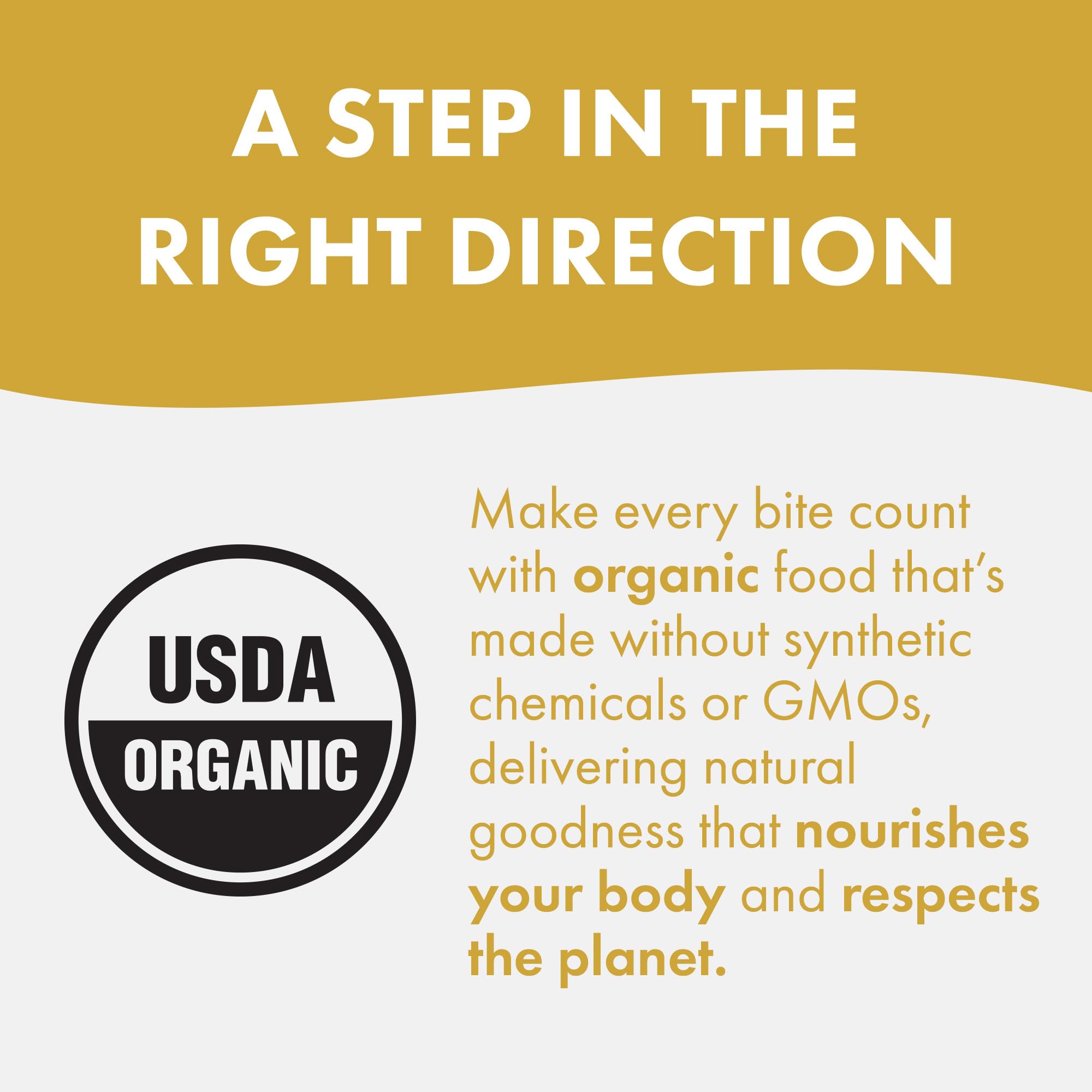 Packaging shows Non-GMO, Gluten Free, Soy Free and USDA Organic labels