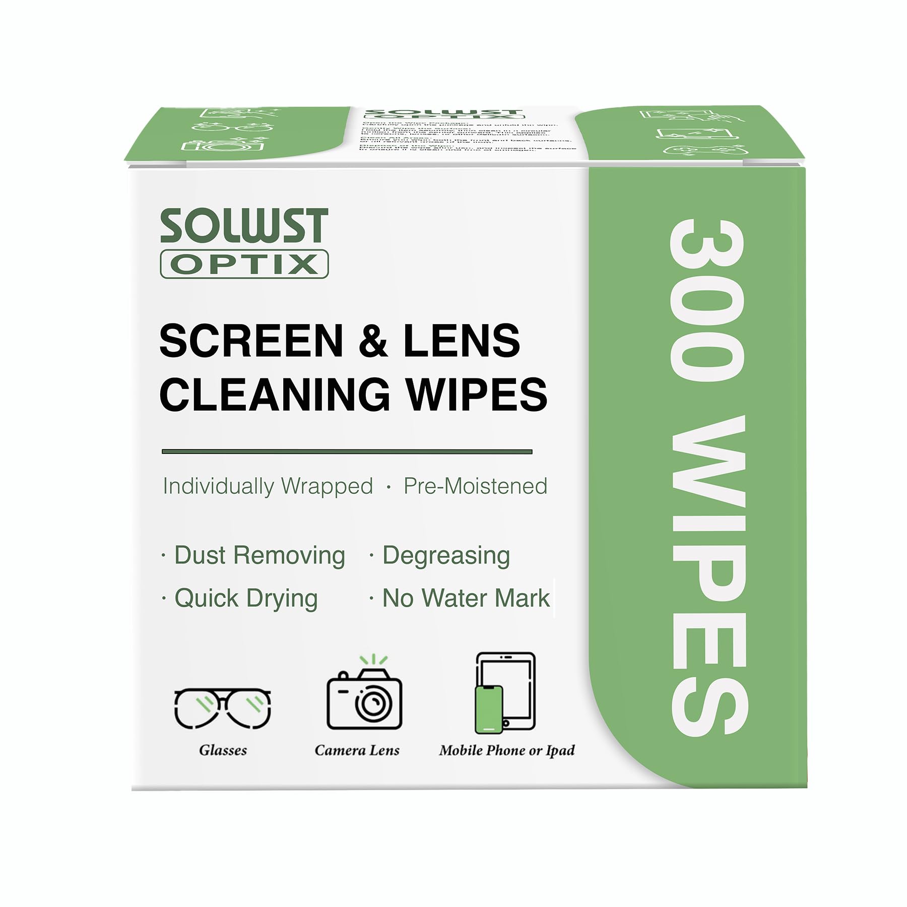 SOLWST Optix lens cleaning wipes pack - 300 pre-moistened wipes