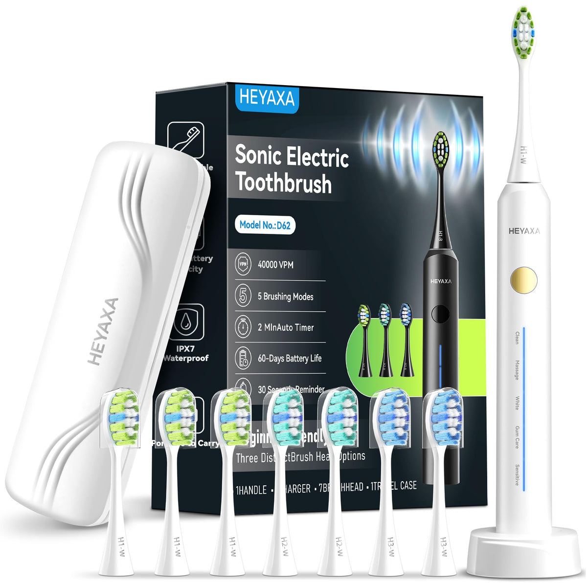 Front view of a white sonic electric toothbrush with 40,000 VPM cleaning power.