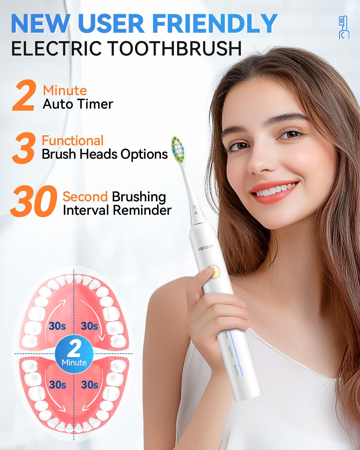 Toothbrush showing five customizable modes: Clean, Massage, White, Gum Care, and Sensitive.