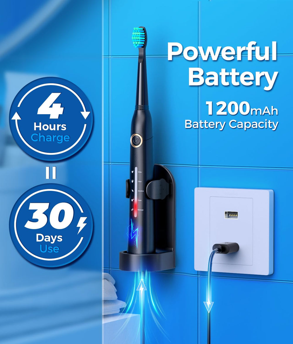 Sonic toothbrush with travel case and brush heads on a white background