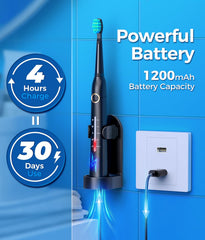 Sonic toothbrush with travel case and brush heads on a white background