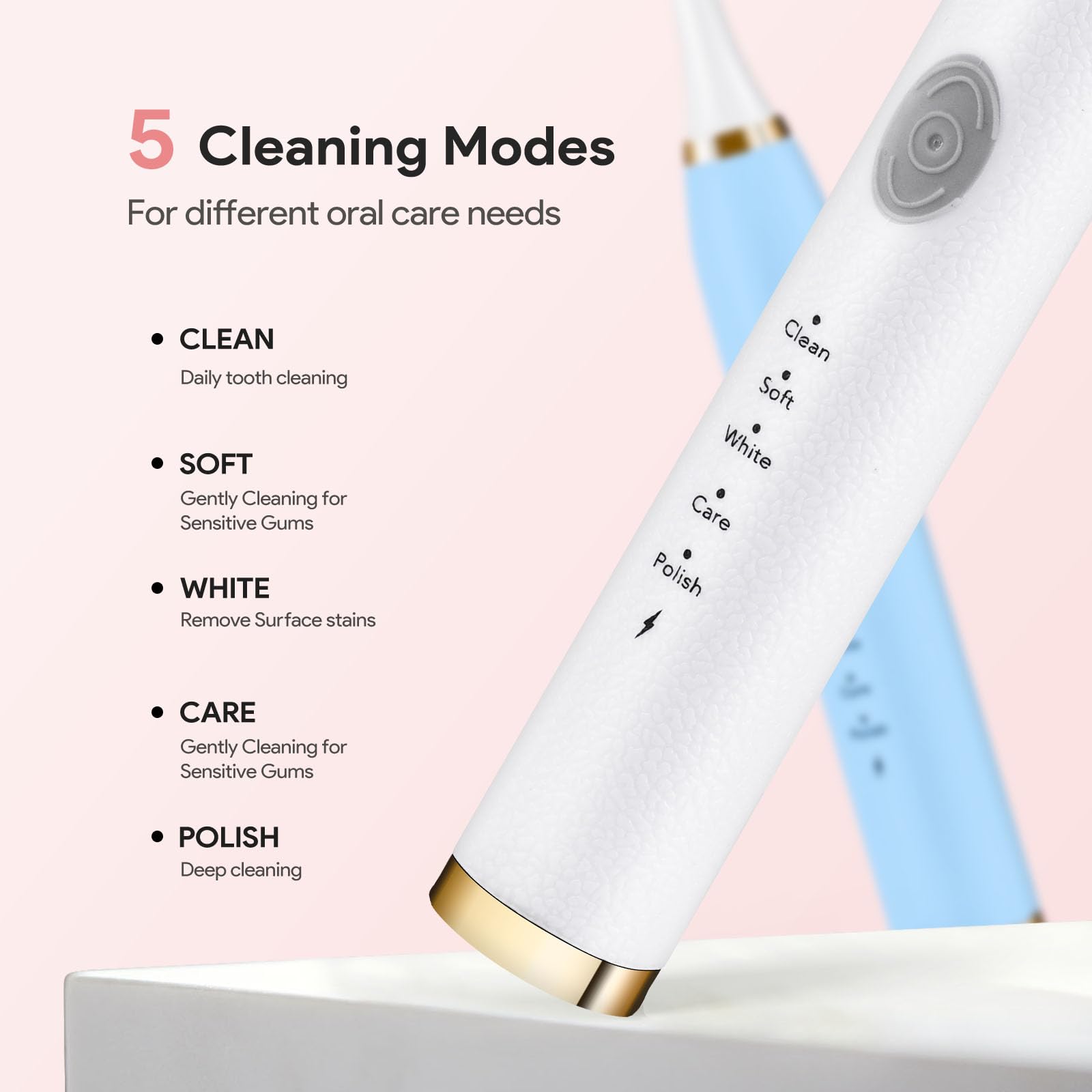 Graphic showing five brushing modes: Cleaning, Polish, White, Sensitive, Care