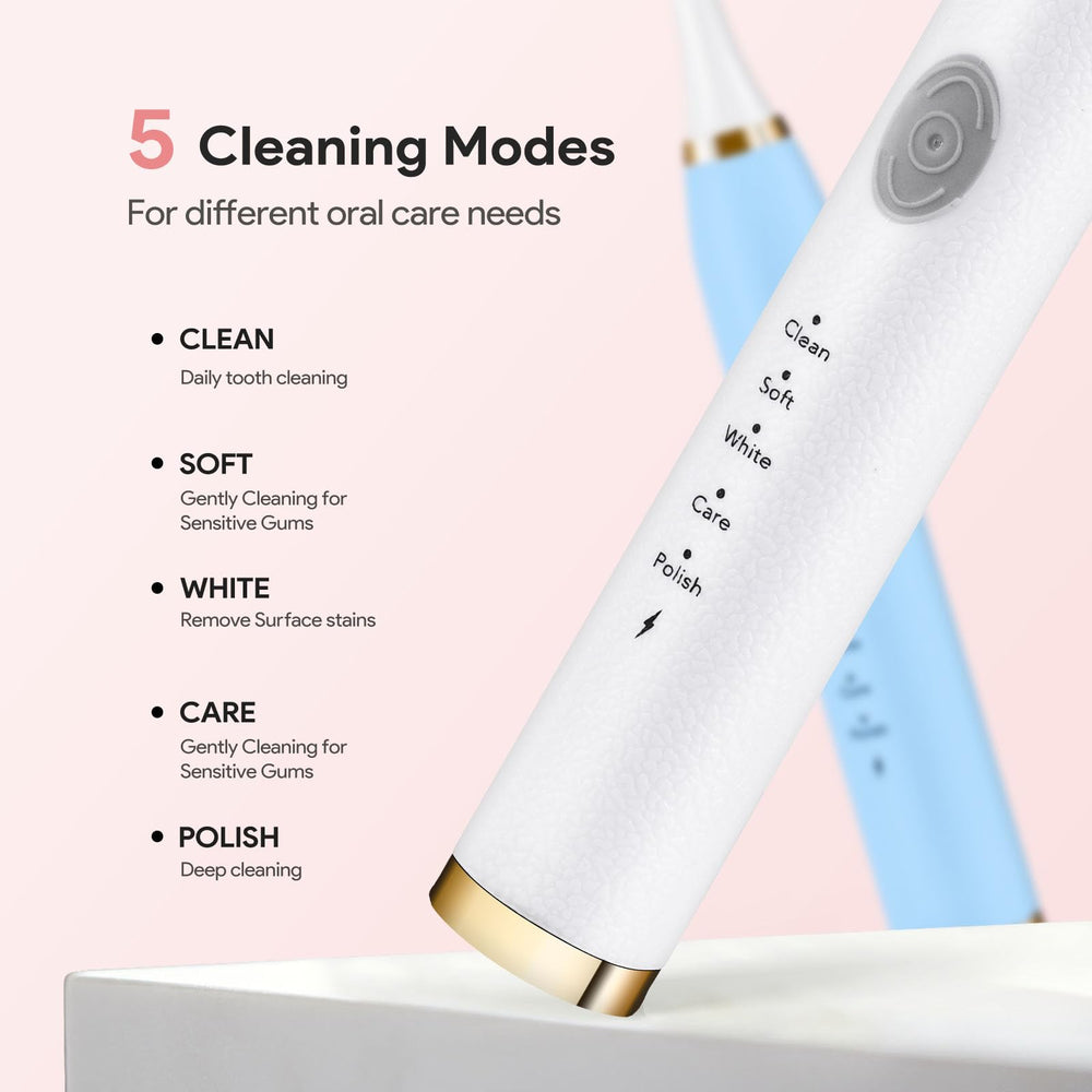 Graphic showing five brushing modes: Cleaning, Polish, White, Sensitive, Care