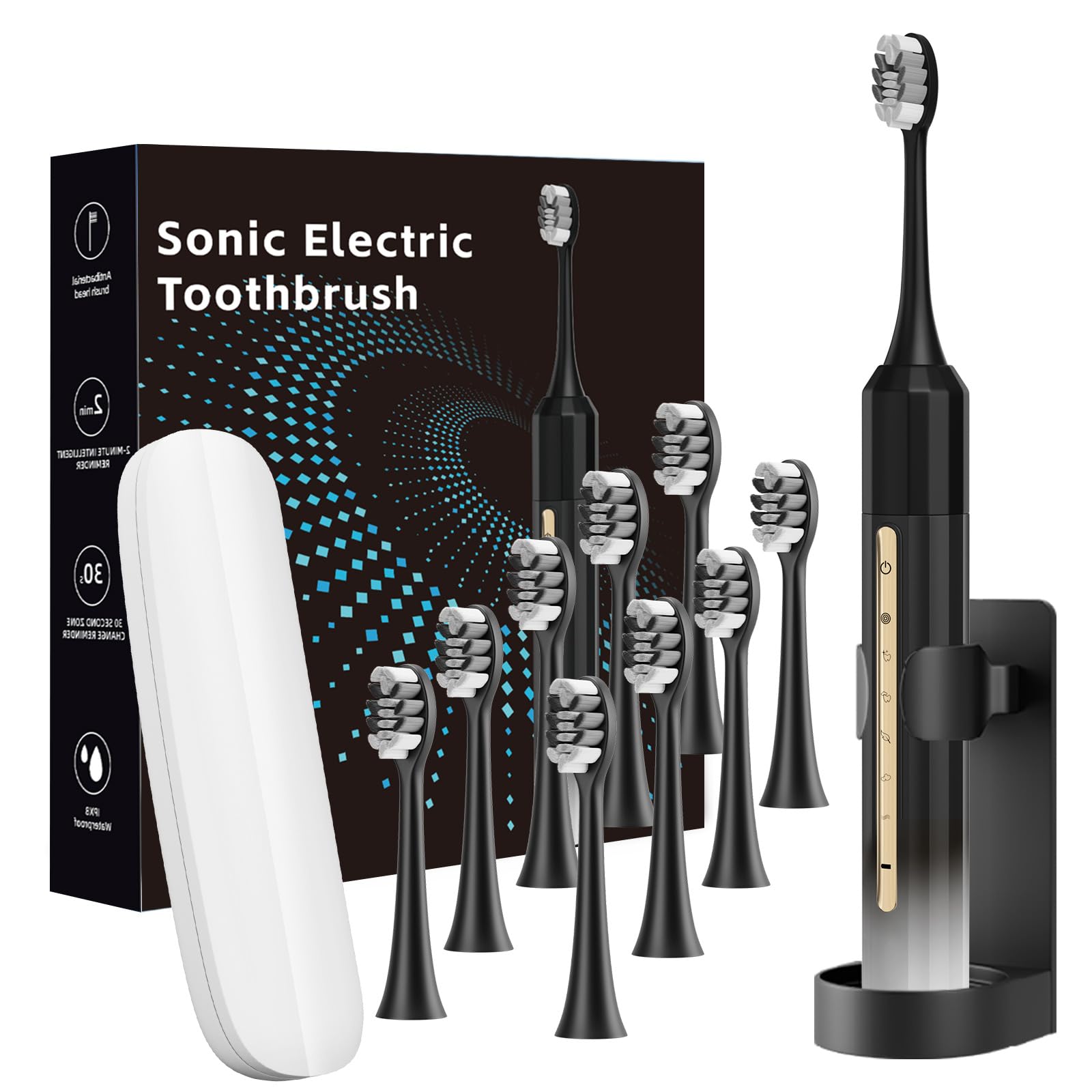 Sonic electric toothbrush front view in black and white