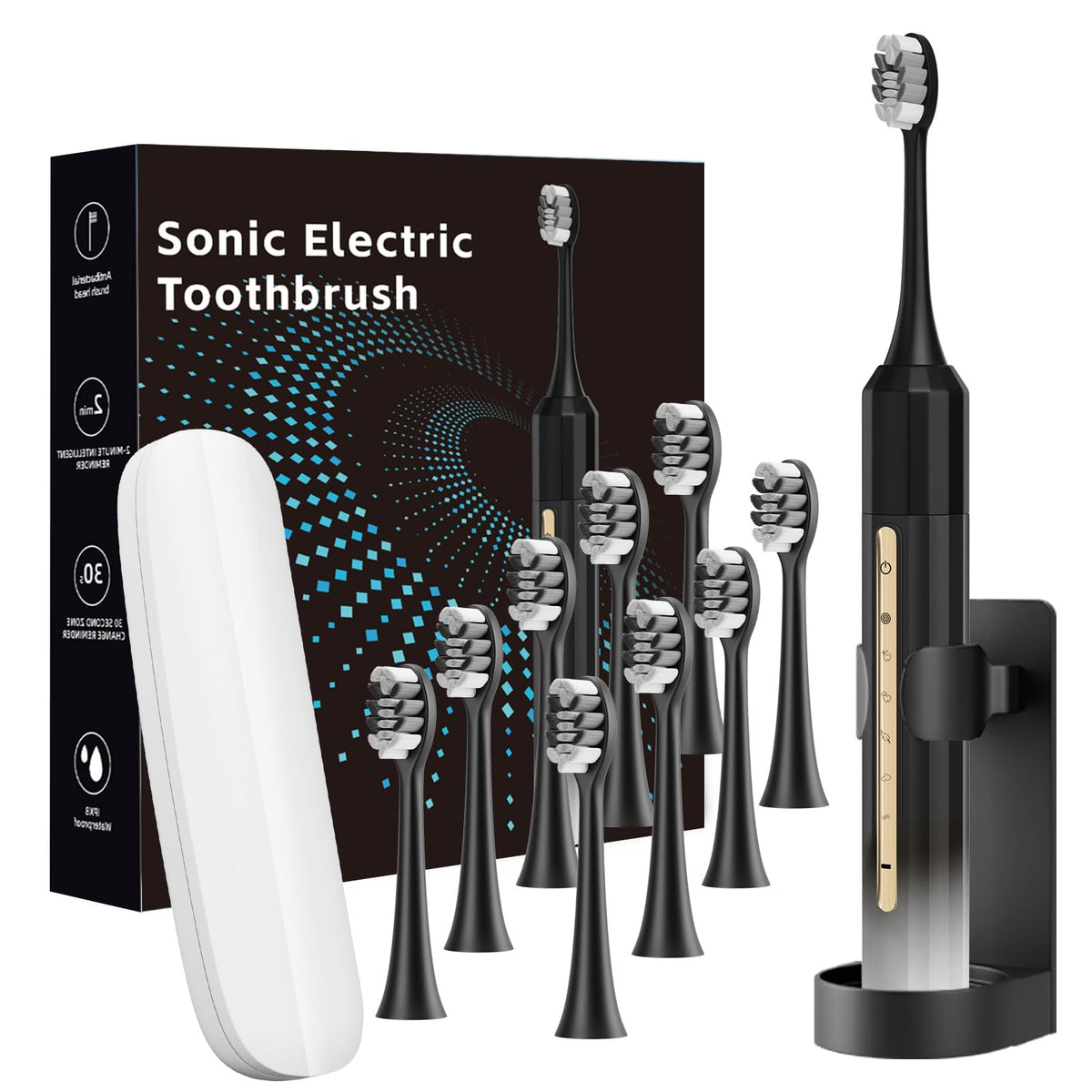 Sonic electric toothbrush front view in black and white