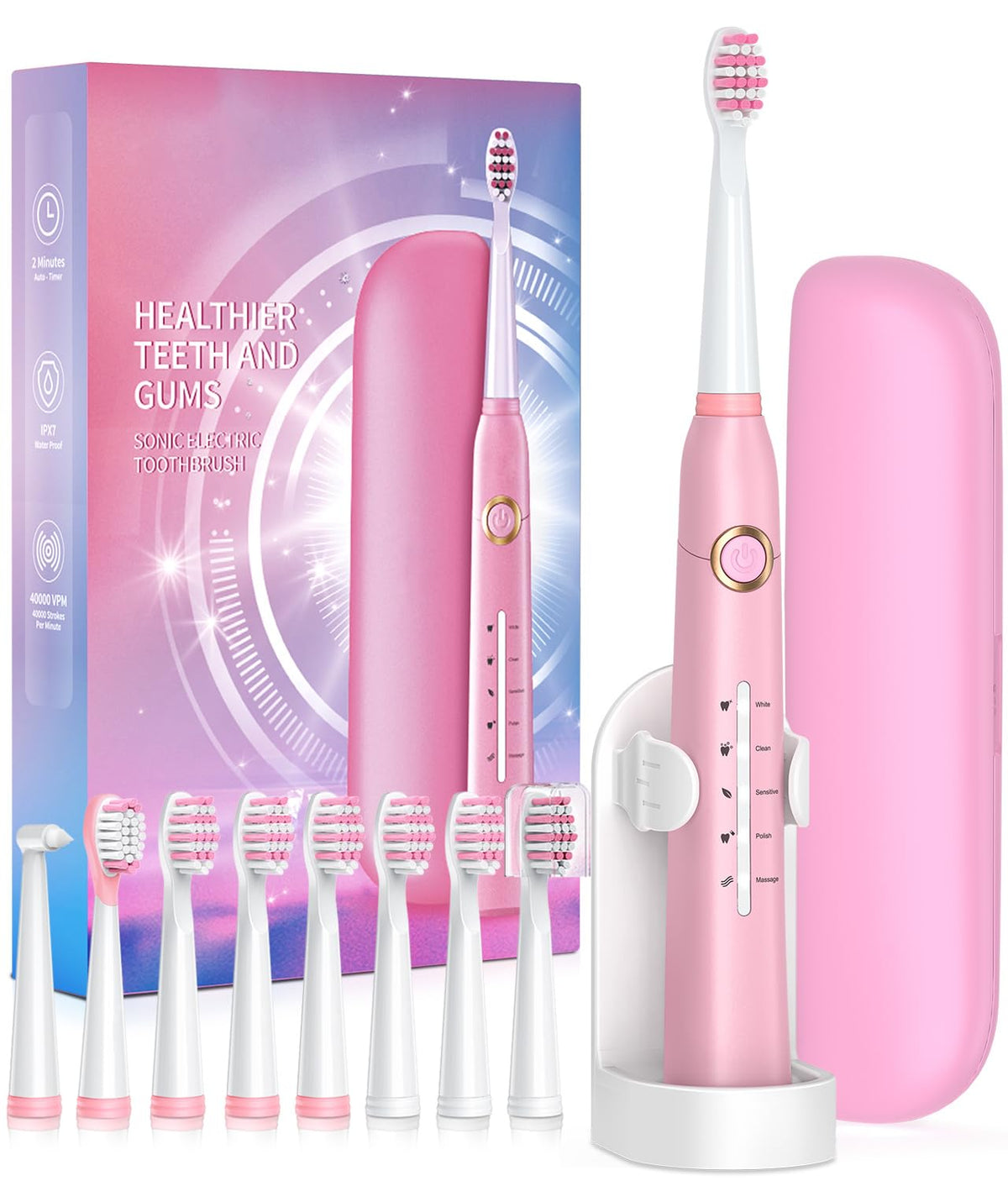Sonic electric toothbrush pink with travel case shown front view