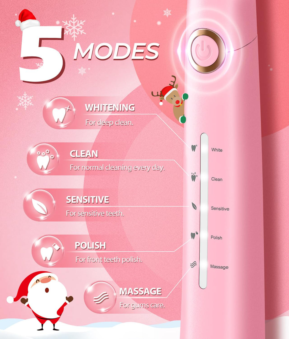 Five brushing modes icons: whitening, cleaning, sensitive, polishing, massage