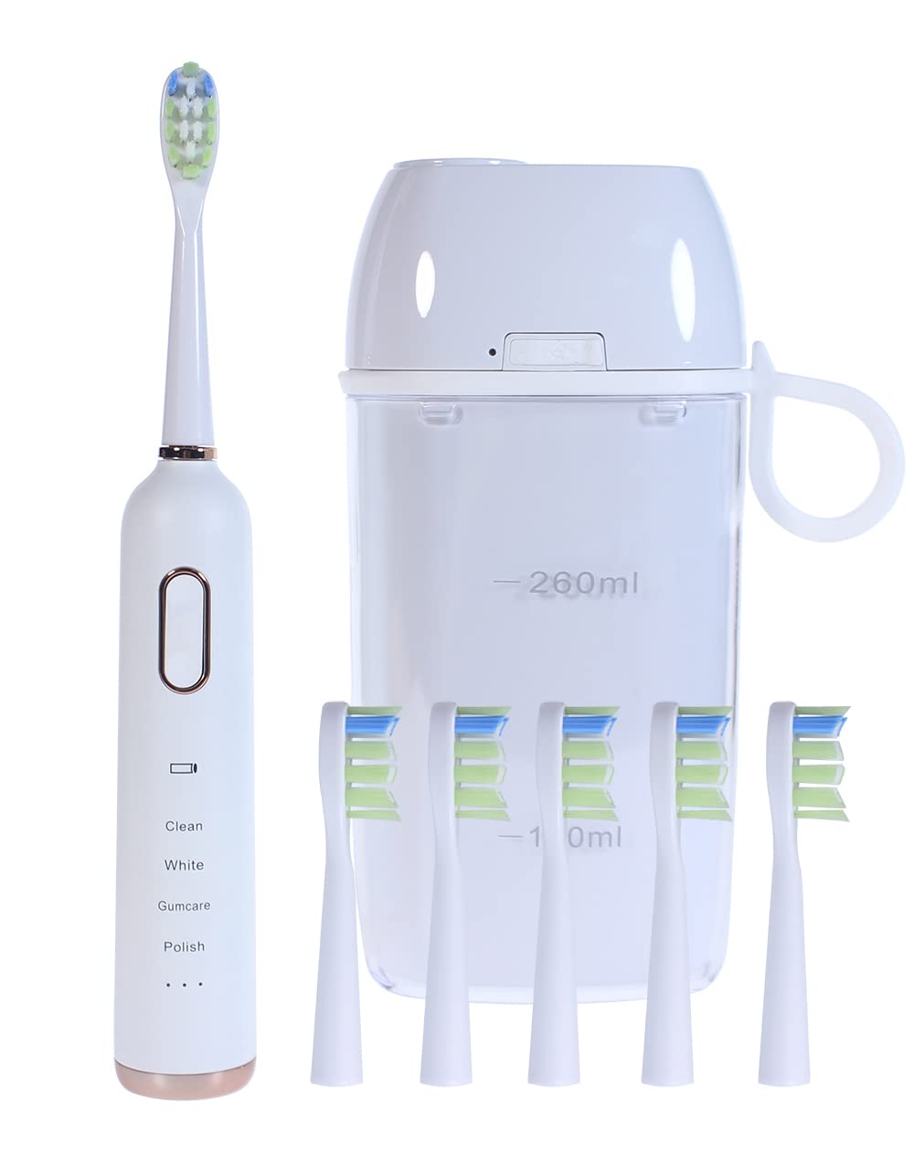 Sonic electric toothbrush with white handle and UV-C cleaning feature