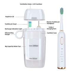 Set includes 6 replaceable brush heads and a travel case