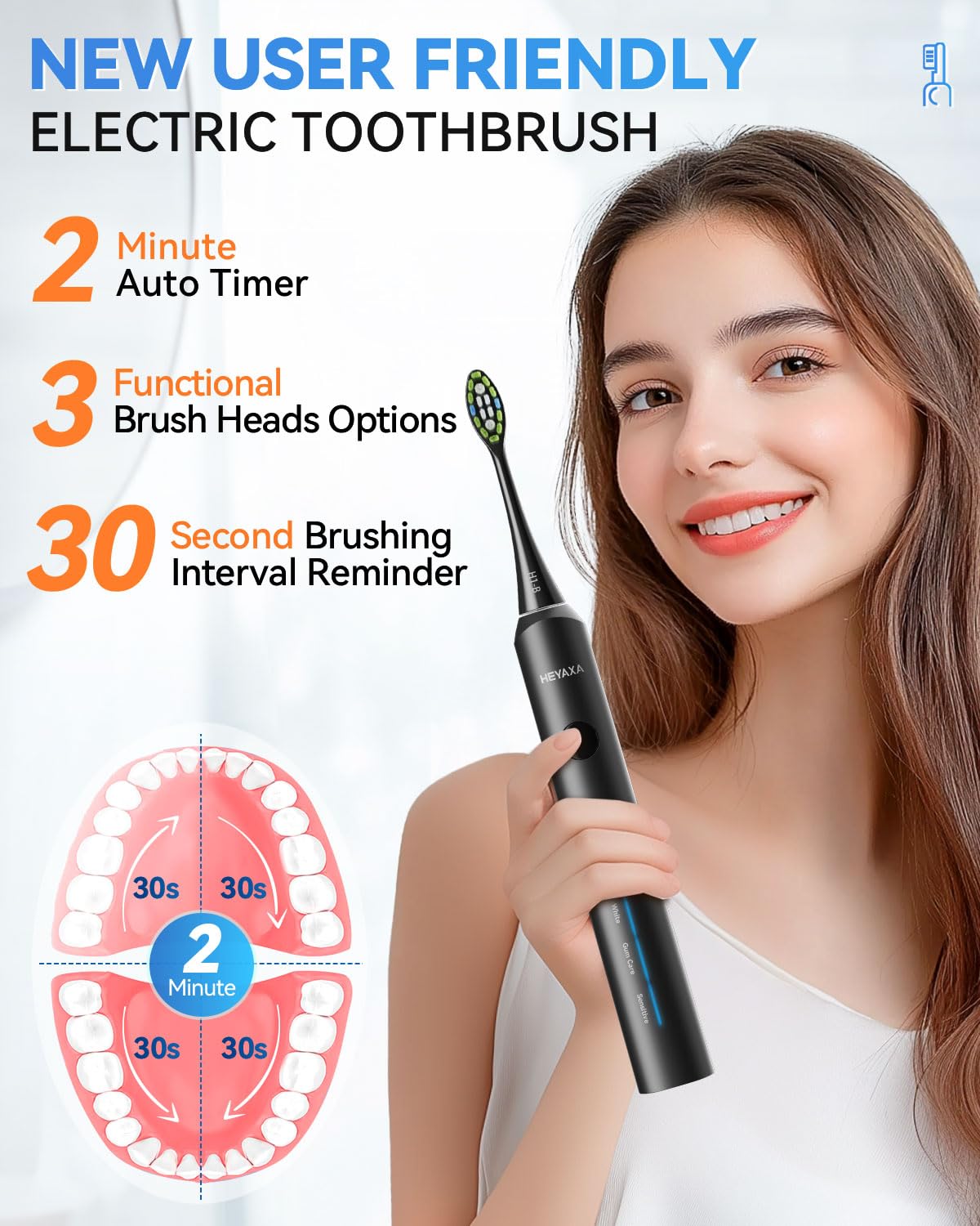 Front view of Sonic toothbrush with black handle
