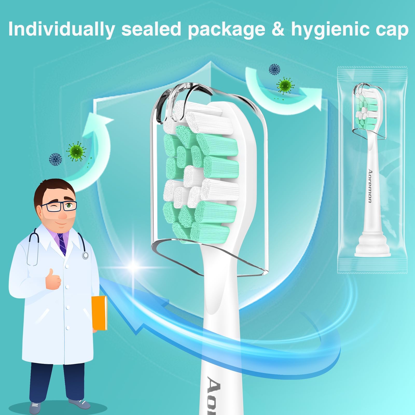 Each head comes sealed with a protective hygienic cap
