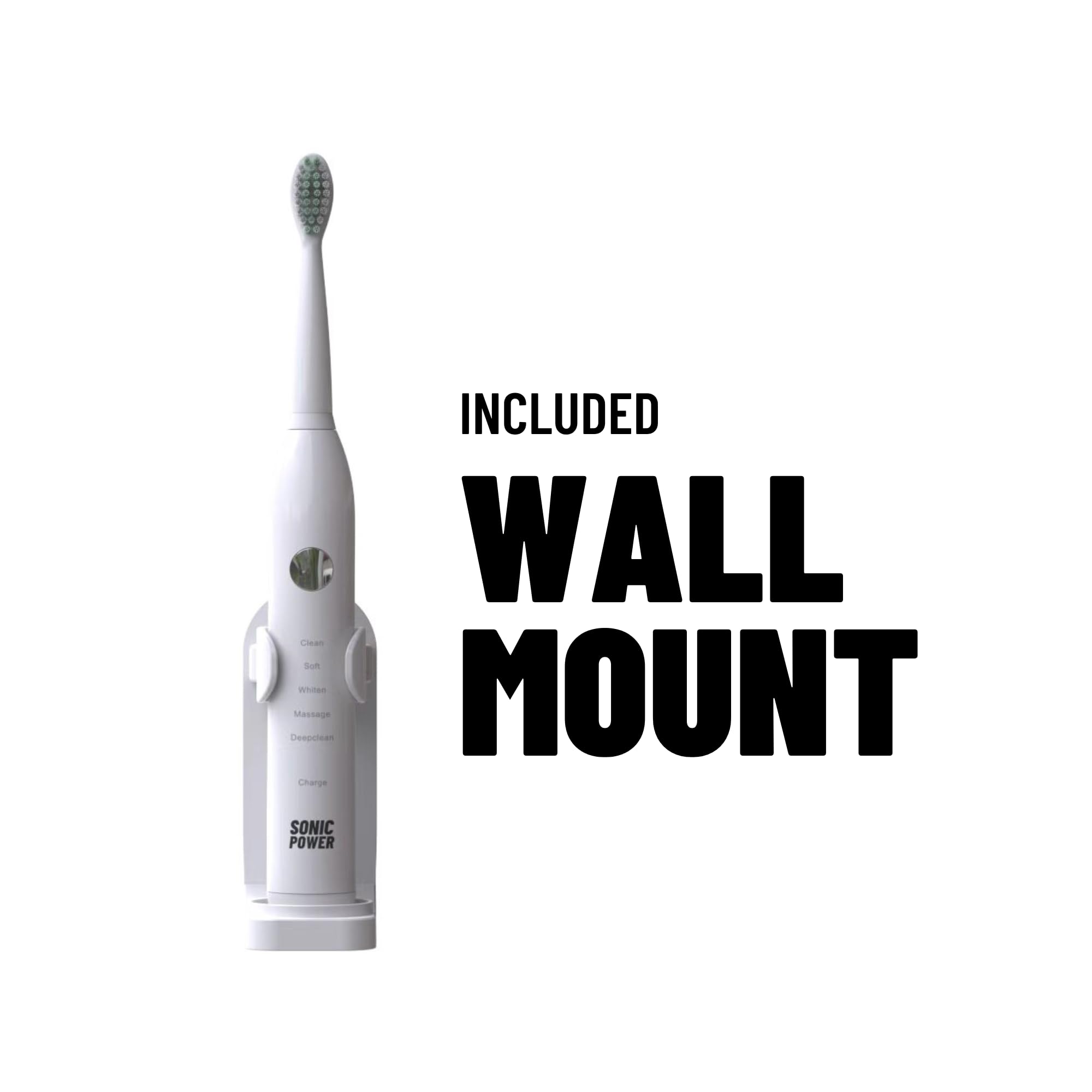 SonicPower toothbrush kit white contents including brush heads, travel cap and wall mount