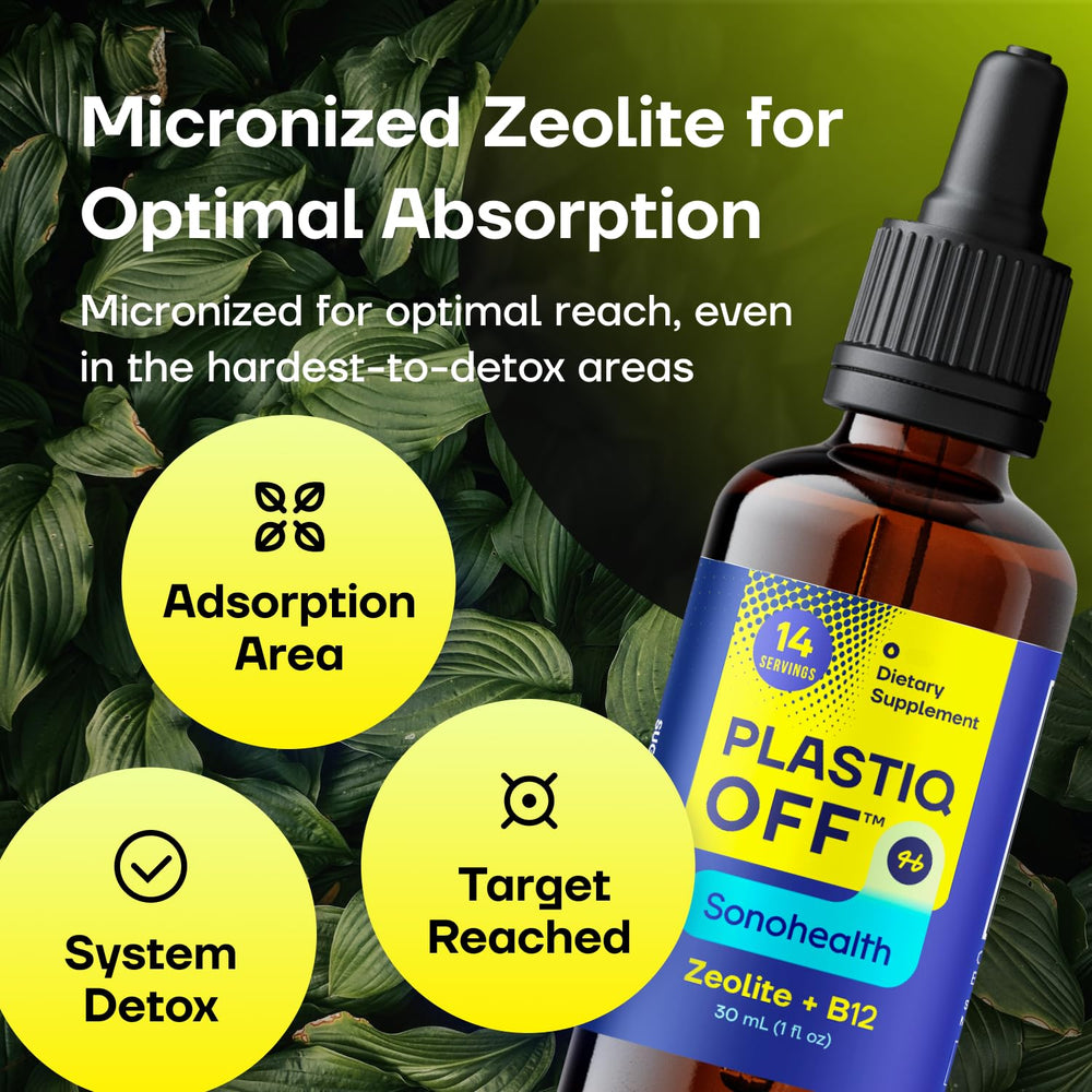 SonoHealth Plastiq Off Zeolite liquid in glass supports easy mixing.