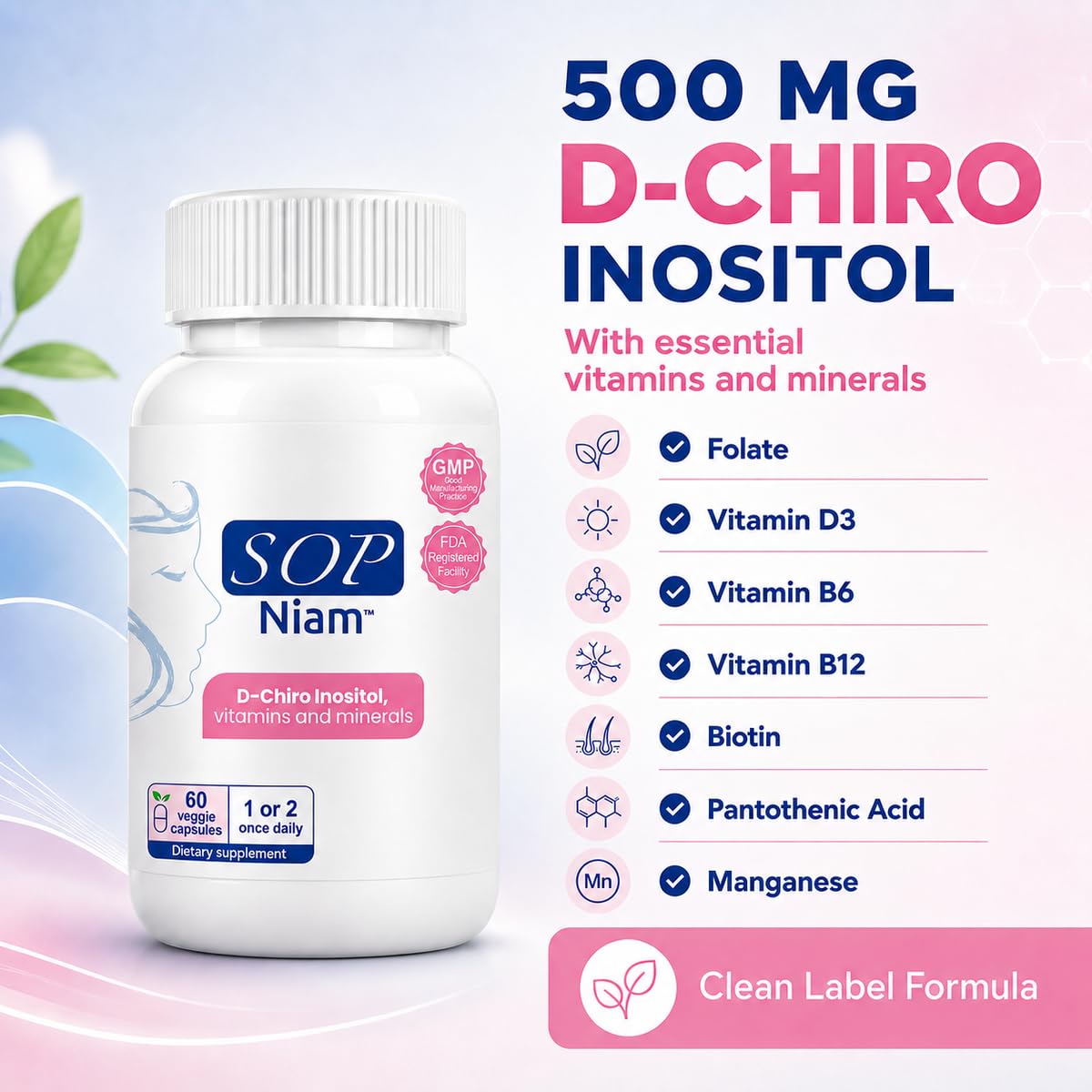 SOP NIAM bottle opened with capsules visible demonstrating two-month supply convenience