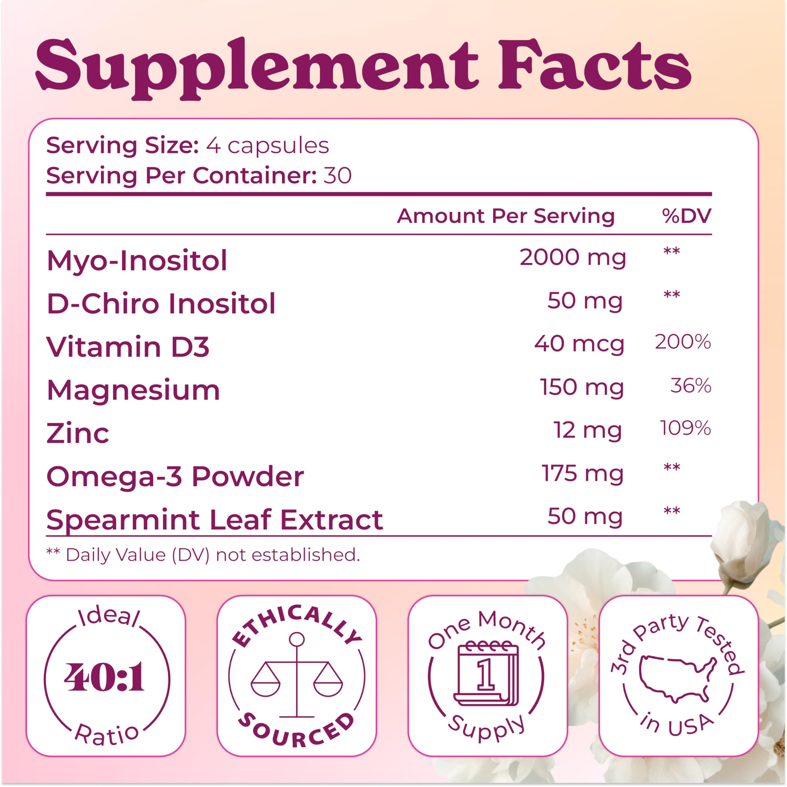 Sophie's Select label ingredients panel highlighting 40:1 Myo to D‑Chiro inositol ratio for transparency