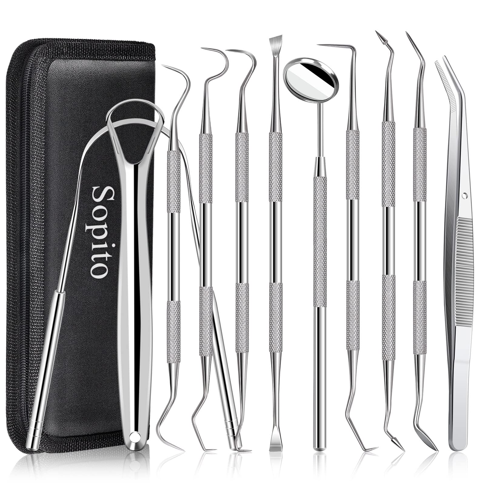 Sopito 11-piece stainless steel dental tools set with mirror, probe, and scraper