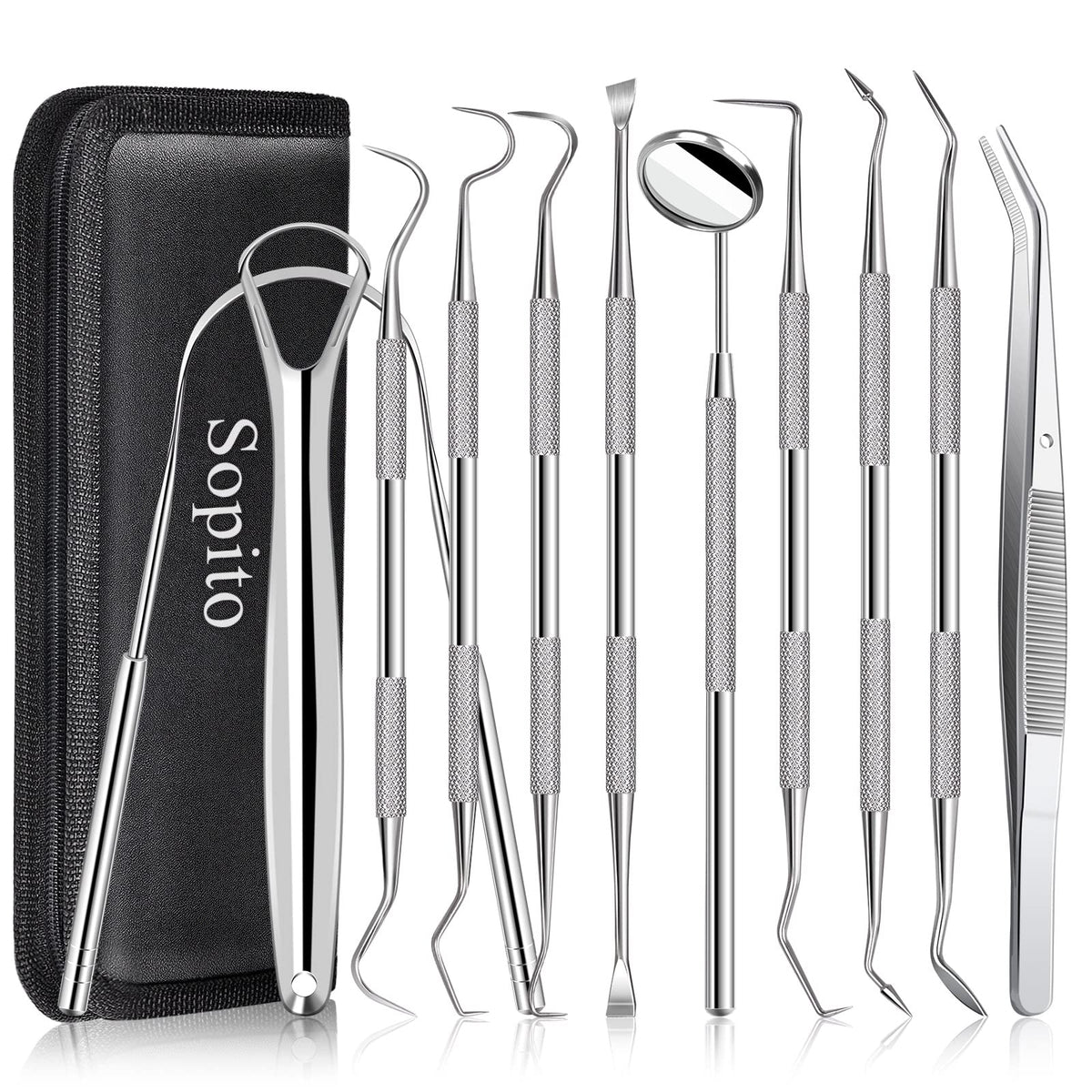 Sopito 11-piece stainless steel dental tools set with mirror, probe, and scraper
