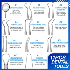 Close-up of Sopito 11pcs dental tools showing various angles and stainless steel finish