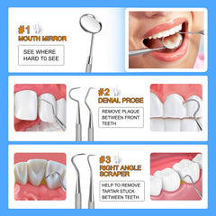 Dental tools layout from the Sopito 11pcs set including mirror, probe and scraper