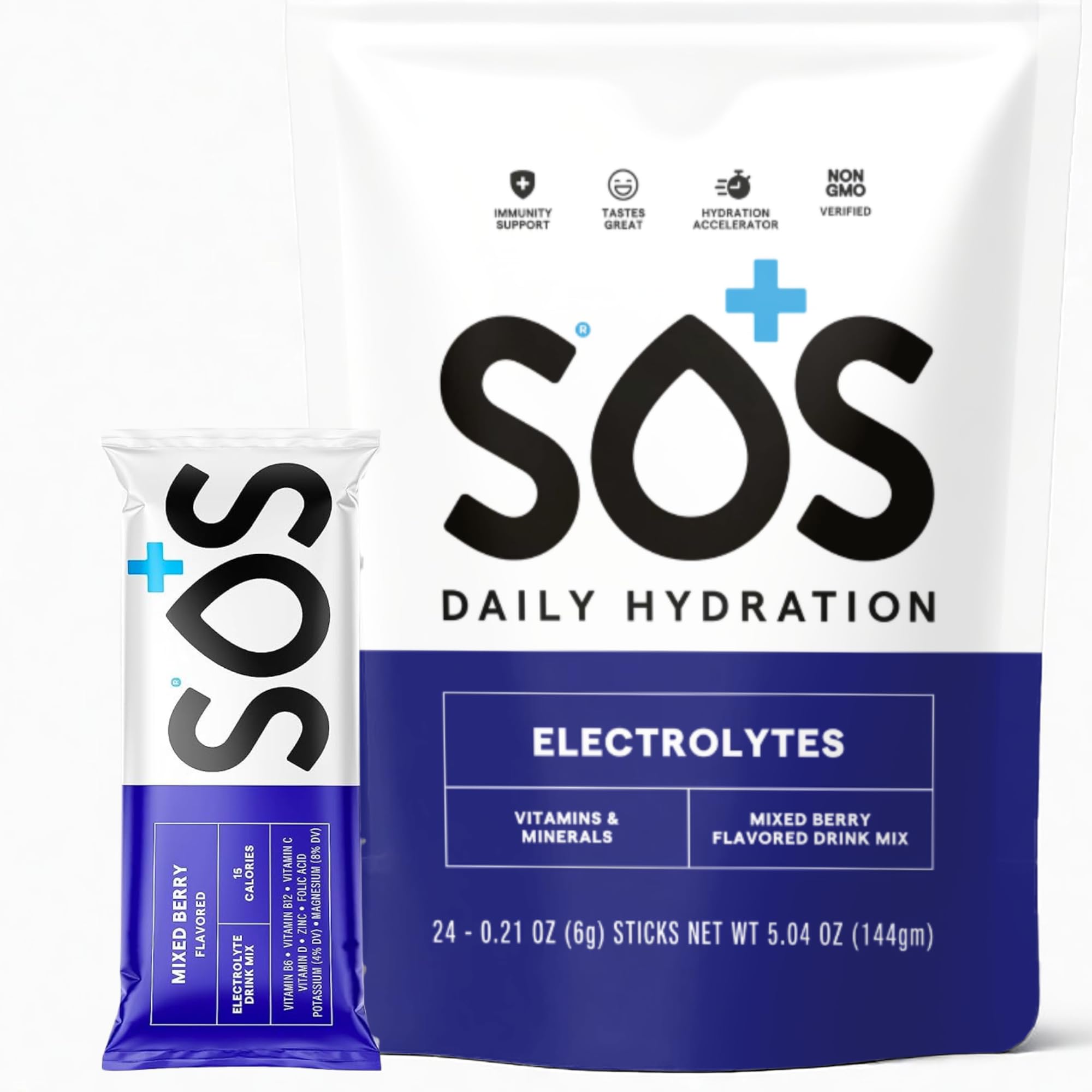 SOS Hydration Mixed Berry electrolyte powder canister with 24-serving pack