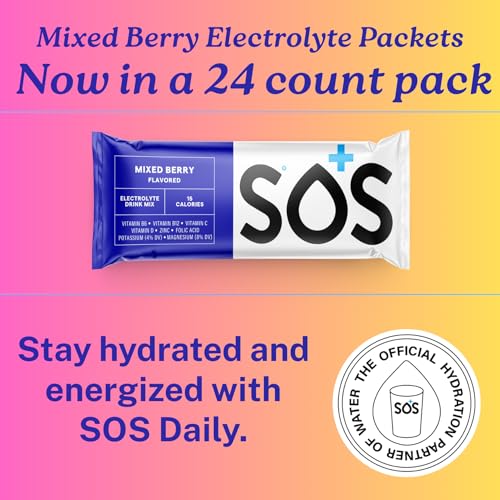 Close-up of SOS Hydration Mixed Berry electrolyte powder sachets