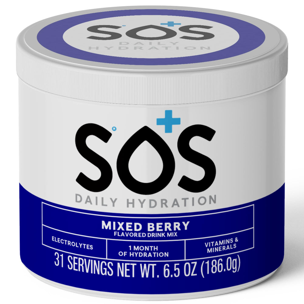 Sos hydration stick-pack poured into glass for rapid hydration on the go.