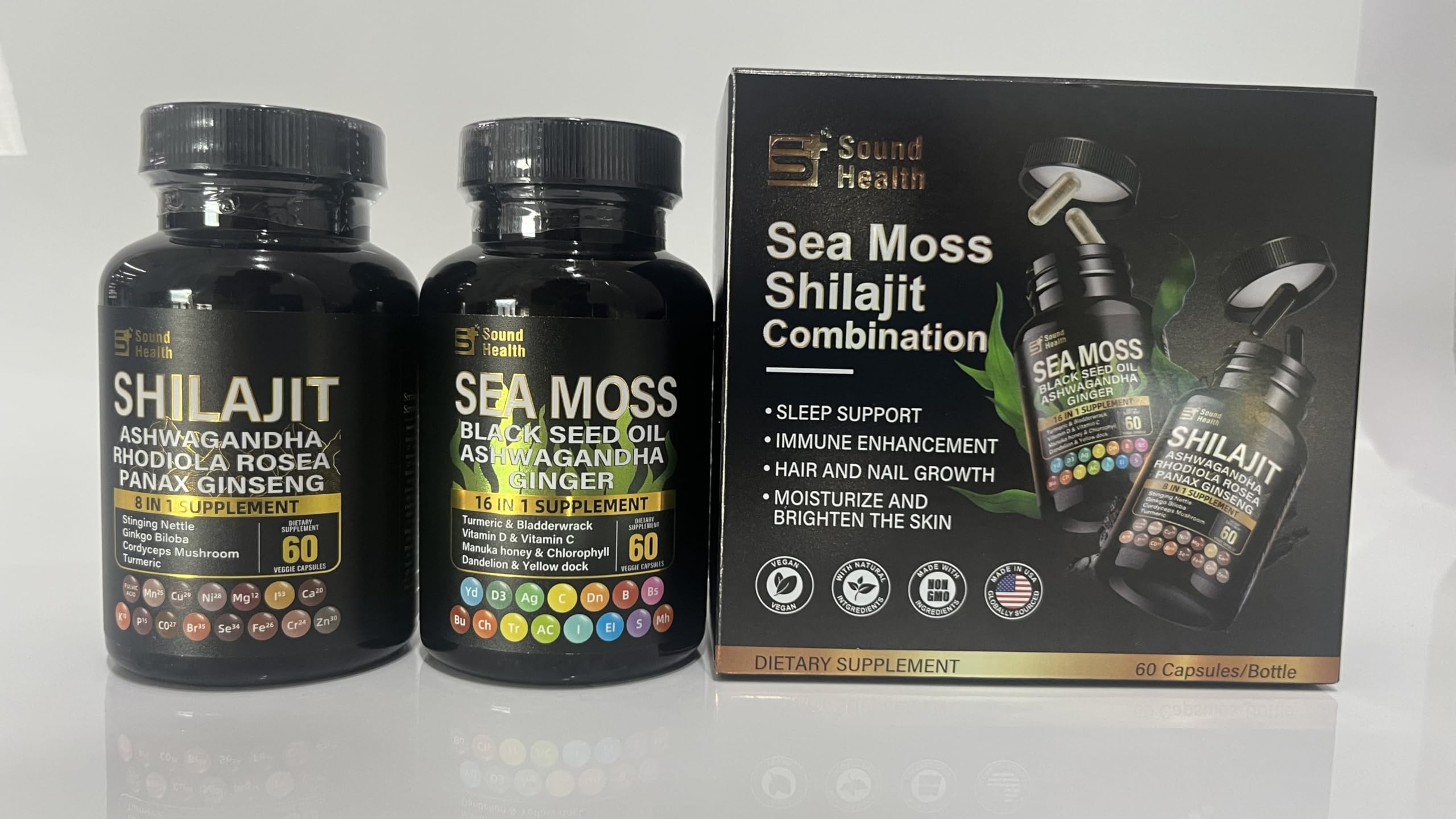 Close-up of Sea Moss capsules with herbal blends